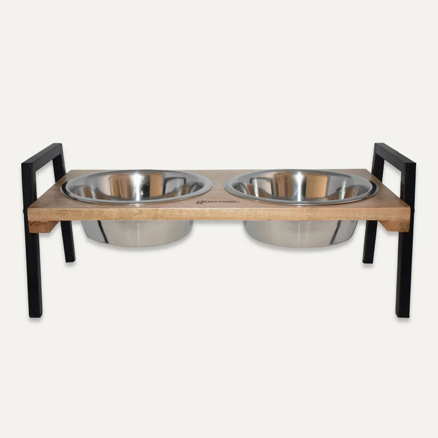 Goo-eez Double Bowl Mango Wood Feeder