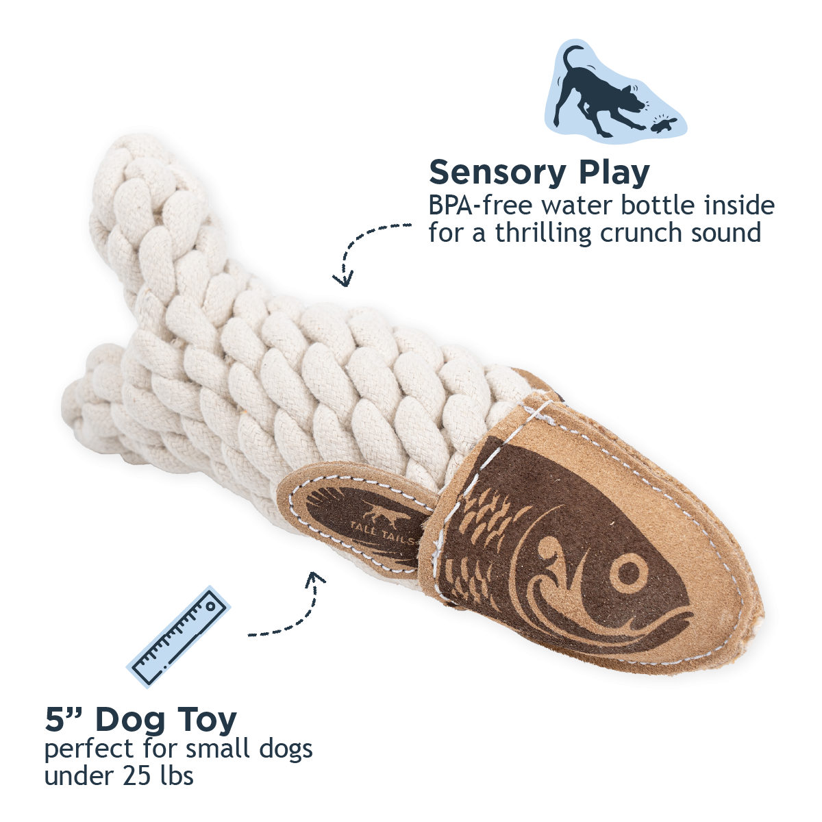 Tall Tails Dog Toy Natural Leather Crunch Fish Rope